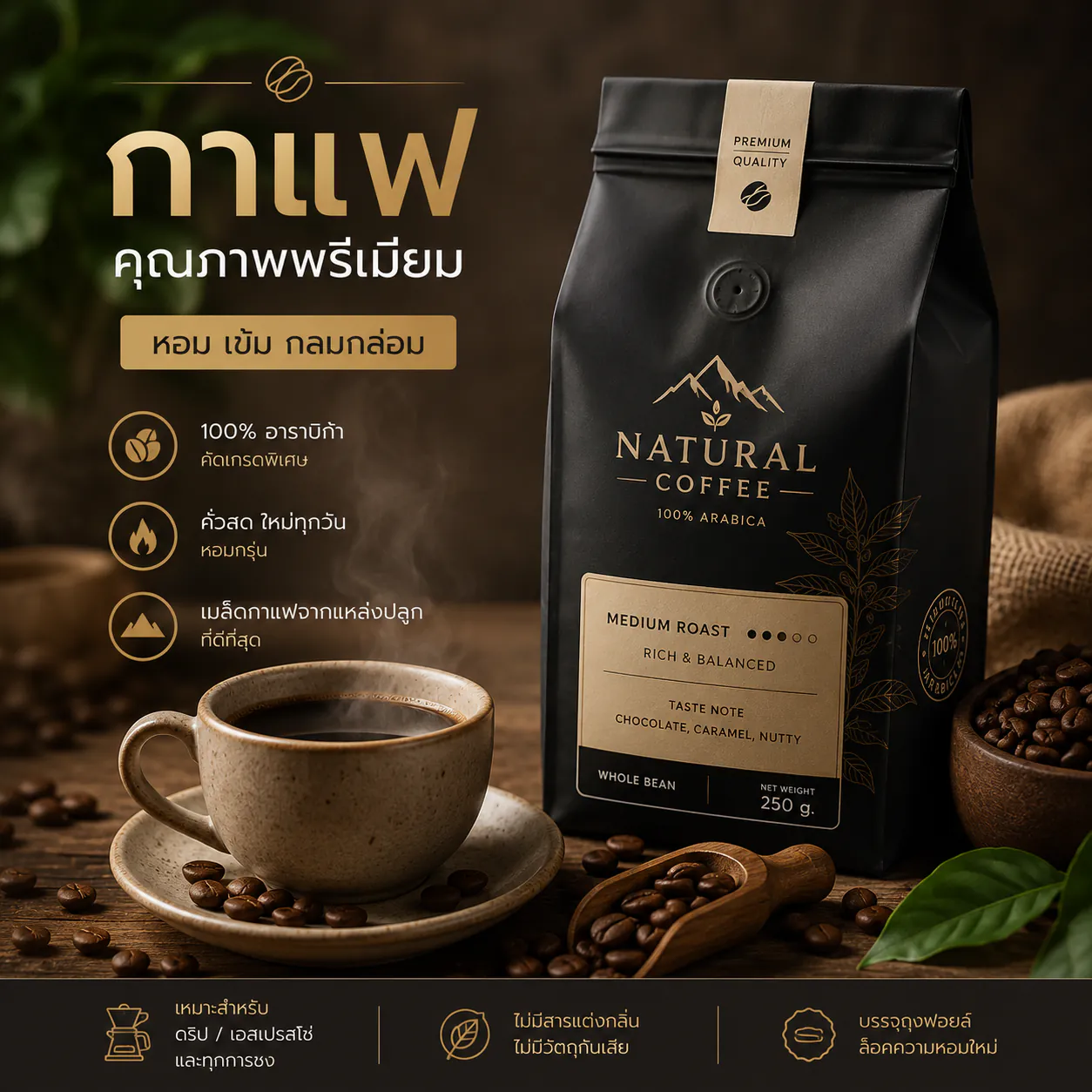 กาแฟอาราบิก้าคั่วกลาง Natural Coffee Premium 100% Arabica ขนาด 250 กรัม