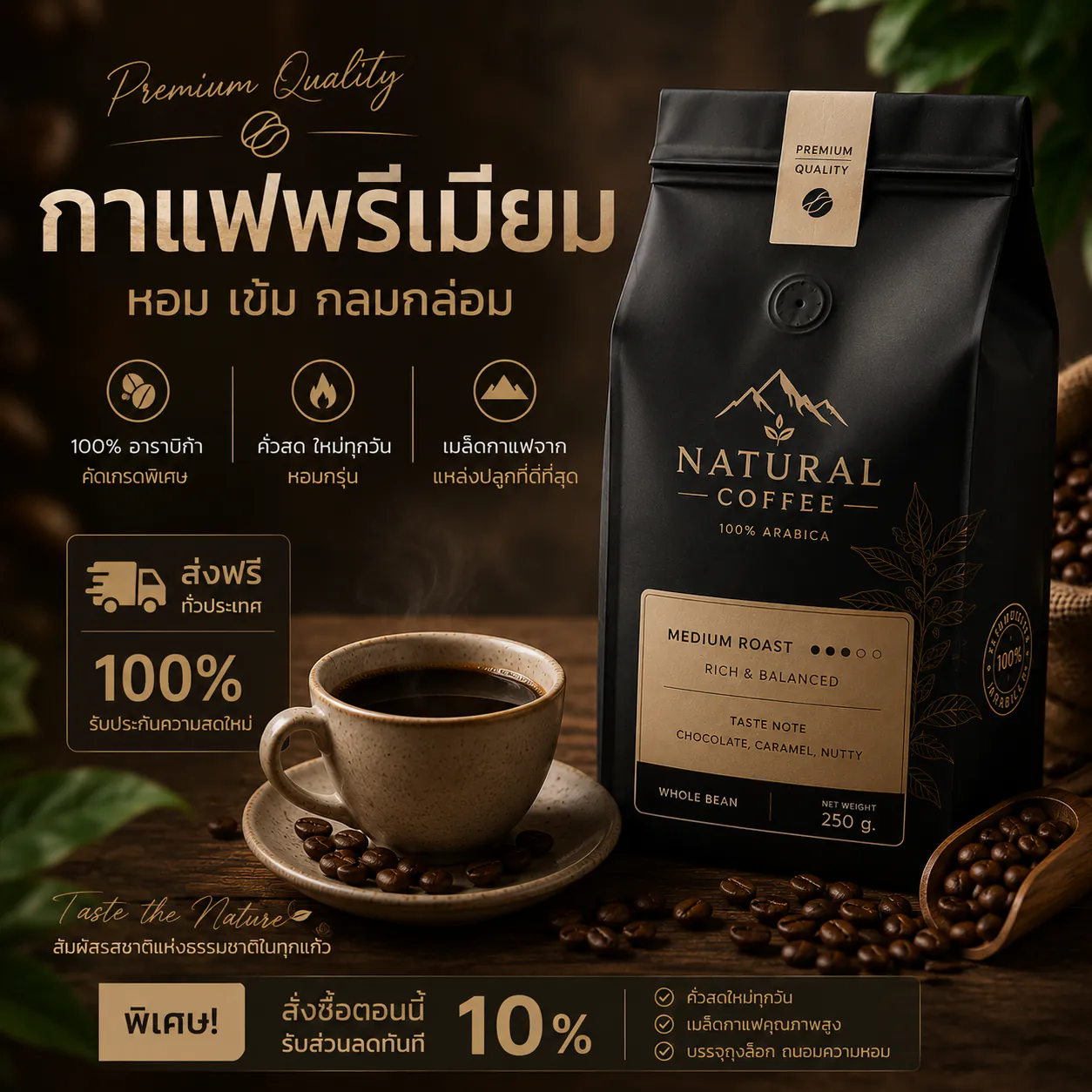 กาแฟอาราบิก้าคั่วกลาง Natural Coffee Premium 100% Arabica ขนาด 250 กรัม 2