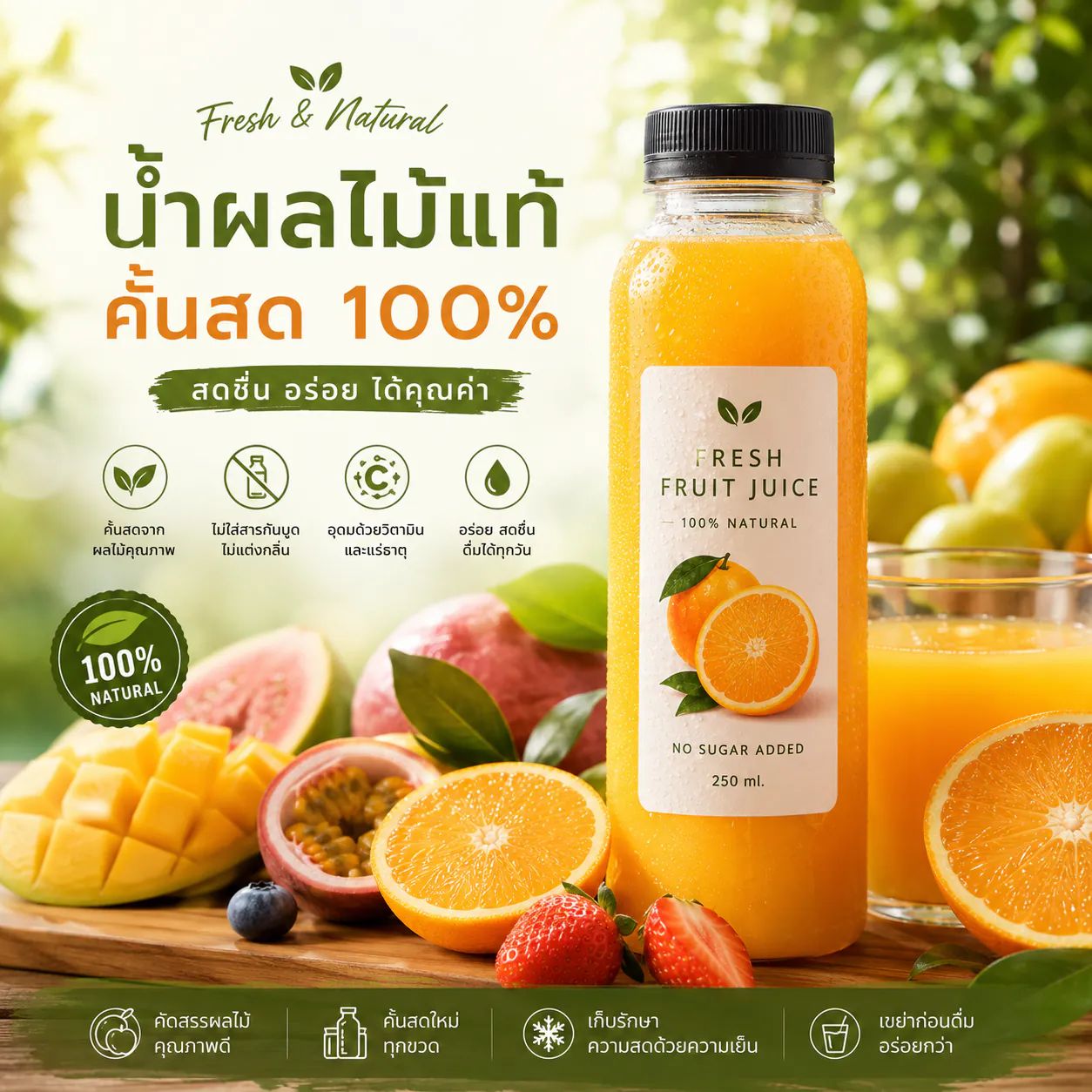 น้ำส้มคั้นสด 100% Fresh Fruit Juice ไม่เติมน้ำตาล ขนาด 250 มล.