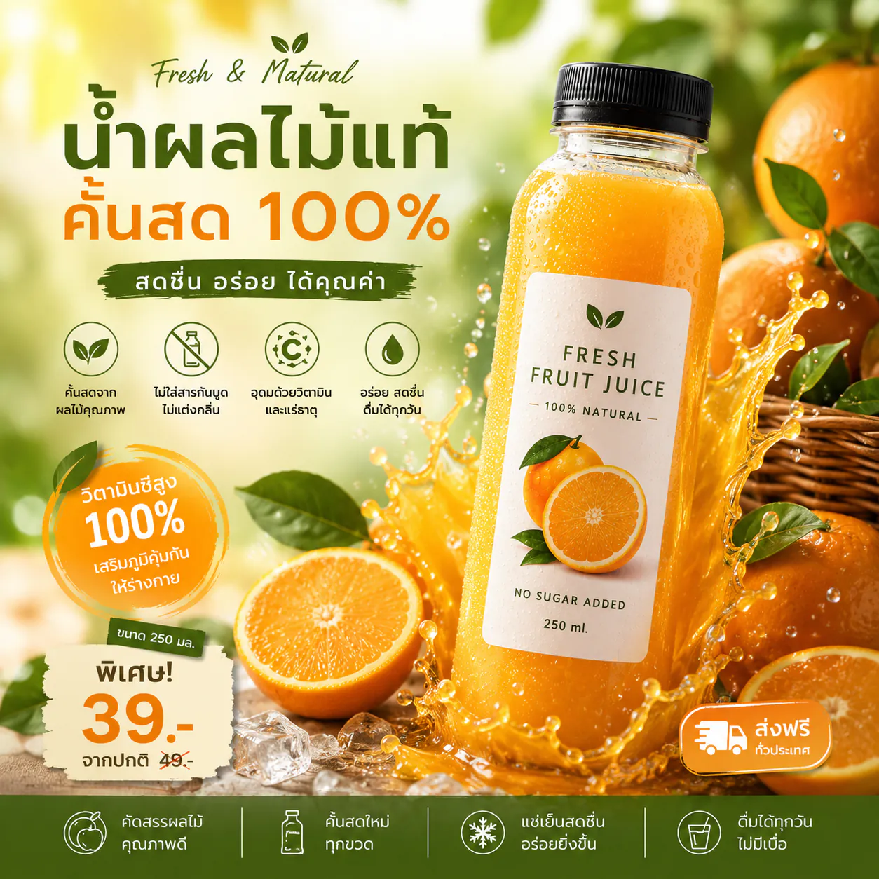 น้ำส้มคั้นสด 100% Fresh Fruit Juice ไม่เติมน้ำตาล ขนาด 250 มล. 2