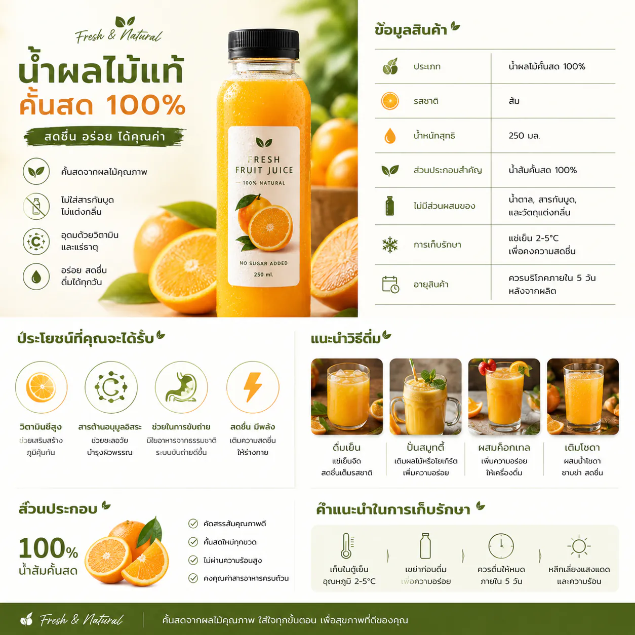น้ำส้มคั้นสด 100% Fresh Fruit Juice ไม่เติมน้ำตาล ขนาด 250 มล. 3